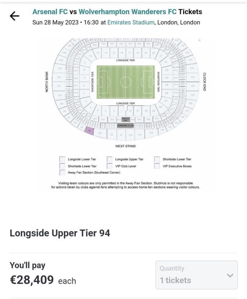 StokeyyG2's tweet photo. Arsenal’s last game of the season tickets vs Wolves are being sold for €28,409�� https://t.co/YWVE1Ozia0