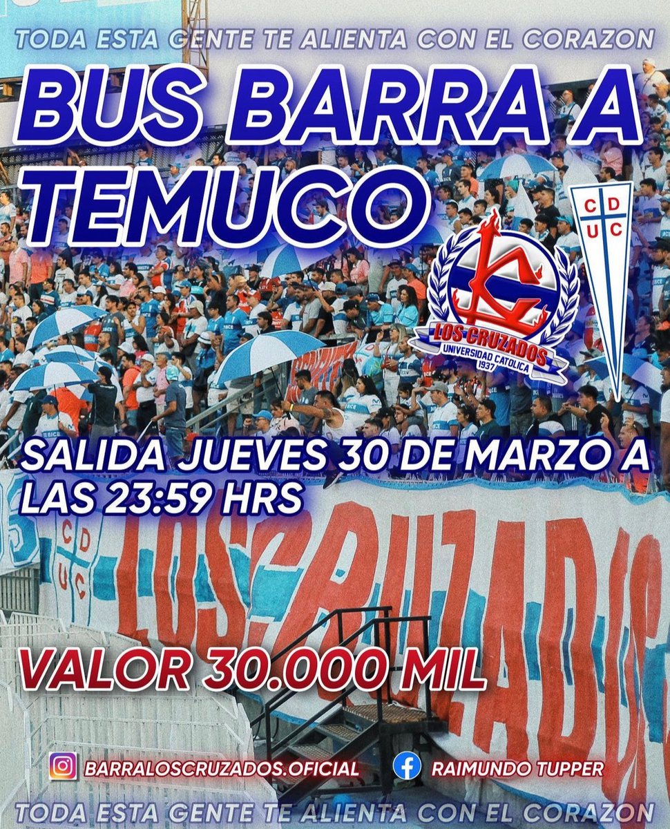 A TODAS PARTES YO VOY CONTIGO🎶🇫🇮
 Vamos todos alentar al equipo!!! Bus barra a Temuco saliendo el jueves por la noche, mas info a traves de las redes oficiales de la barra.

#LosCruzados  🇫🇮

RT