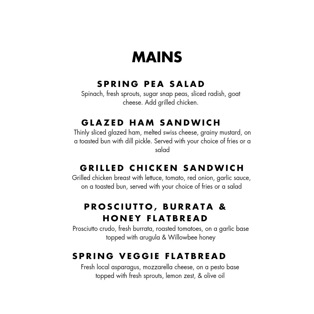 Easter is coming up and our Chef has prepared a delicious bistro menu that we will be offering on Saturday April 8 and Sunday April 9 from 11-5.

Featuring spring-inspired dishes like smoked salmon crostini, quiche, glazed ham sandwiches, and more!

180wines.ca