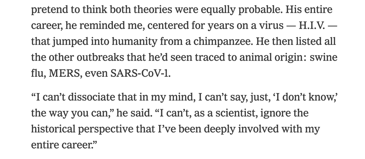 HansMahncke's tweet photo. The biggest news out of yesterday's NYT piece is that Fauci now blames his own preexisting biases for the creation of the natural origin narrative, claiming that those biases prevented him from being able to say "I don’t know" like an unbiased person would. Huge pivot for Fauci. https://t.co/I7uV4JTm66