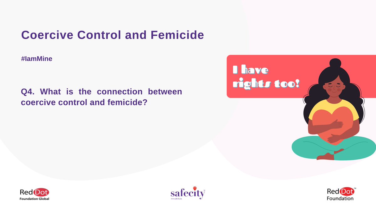 TheSafecityApp's tweet photo. ⚠️TW: Sensitive Conversation

4. What is the connection between coercive control and femicide?

- You can tweet your answers with the question number (e.g. A1, A2, A3) 

- Use the hashtag #IamMine

#Safecity #RedDotFoundation https://t.co/ZShh1Q99X5