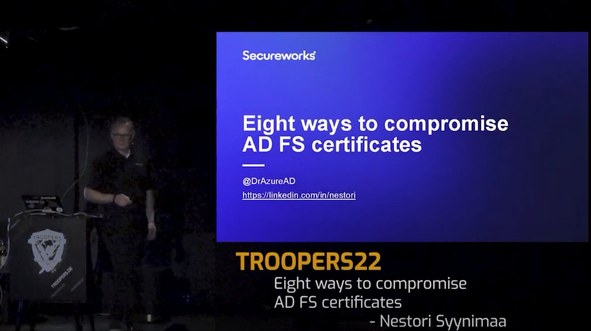 DrAzureAD's tweet image. The nice people of @WEareTROOPERS have finally published the recording of my last year talk about compromising #ADFS! Should I submit a proposal this year too?

Video: youtube.com/watch?v=MpCbIC…
Slides: aadinternals.com/talks/#2022