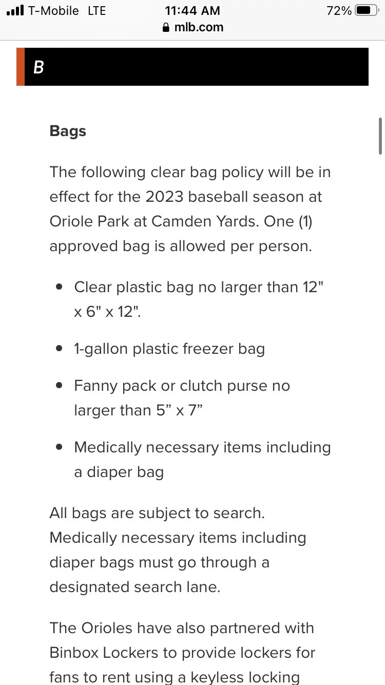 Jacob Calvin Meyer on X: The Orioles are allowing bags at Camden Yards  this year, reversing the pandemic-era policy that banned anything larger  than one gallon. One per person. Bag must be