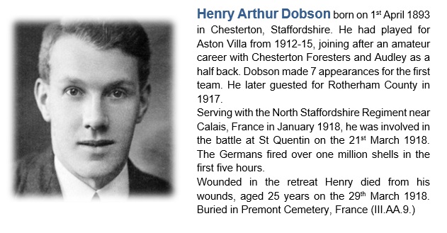Henry Arthur Dobson
North Staffordshire Regiment
Died of wounds this day 1918, France
Footballer Aston Villa
Article attached