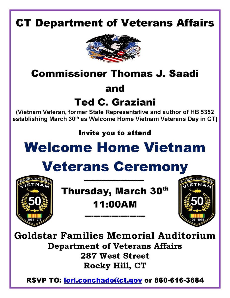 GovNedLamont's tweet photo. Join us on Thursday at 11AM in Rocky Hill to honor veterans from Connecticut who served in the Vietnam War. @CTVetsAffairs https://t.co/xjahzBWFcB