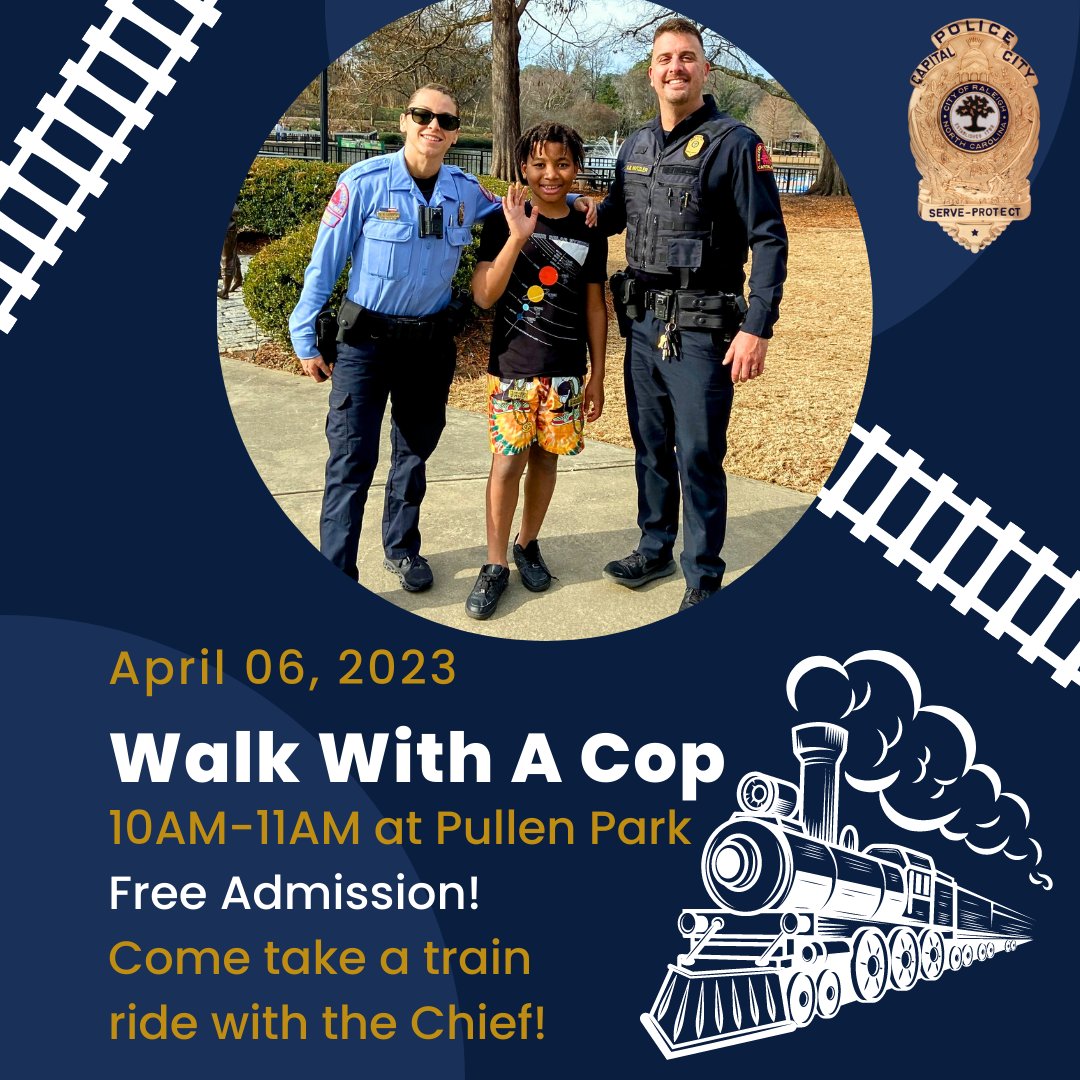 Come out to our next Walk With A Cop and take a free train ride with the Chief!  The event is at Pullen Park next Thursday, April 6th, from 10 am -11 am.  This is a great opportunity to meet the Chief and get to know our officers!

#raleighpolicedepartment #cityofraleigh