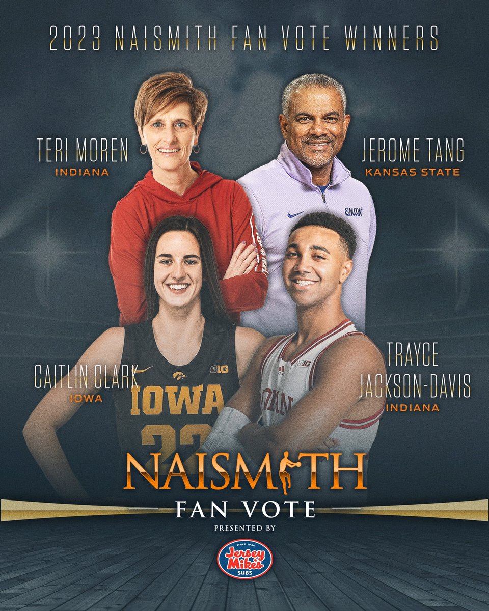 𝐓𝐡𝐞 𝐅𝐚𝐧𝐬 𝐇𝐚𝐯𝐞 𝐒𝐩𝐨𝐤𝐞𝐧

Thank you to the 750k+ fans that voted in our 2023 <a href="/jerseymikes/">Jersey Mike's Subs</a> Naismith Fan Vote‼️

Our 2023 Naismith Women’s College Winners (POY, COY and DPOY) will be announced this afternoon ⏳ 

Sunday: Our 2023 Naismith Men’s College Winners 🗓️