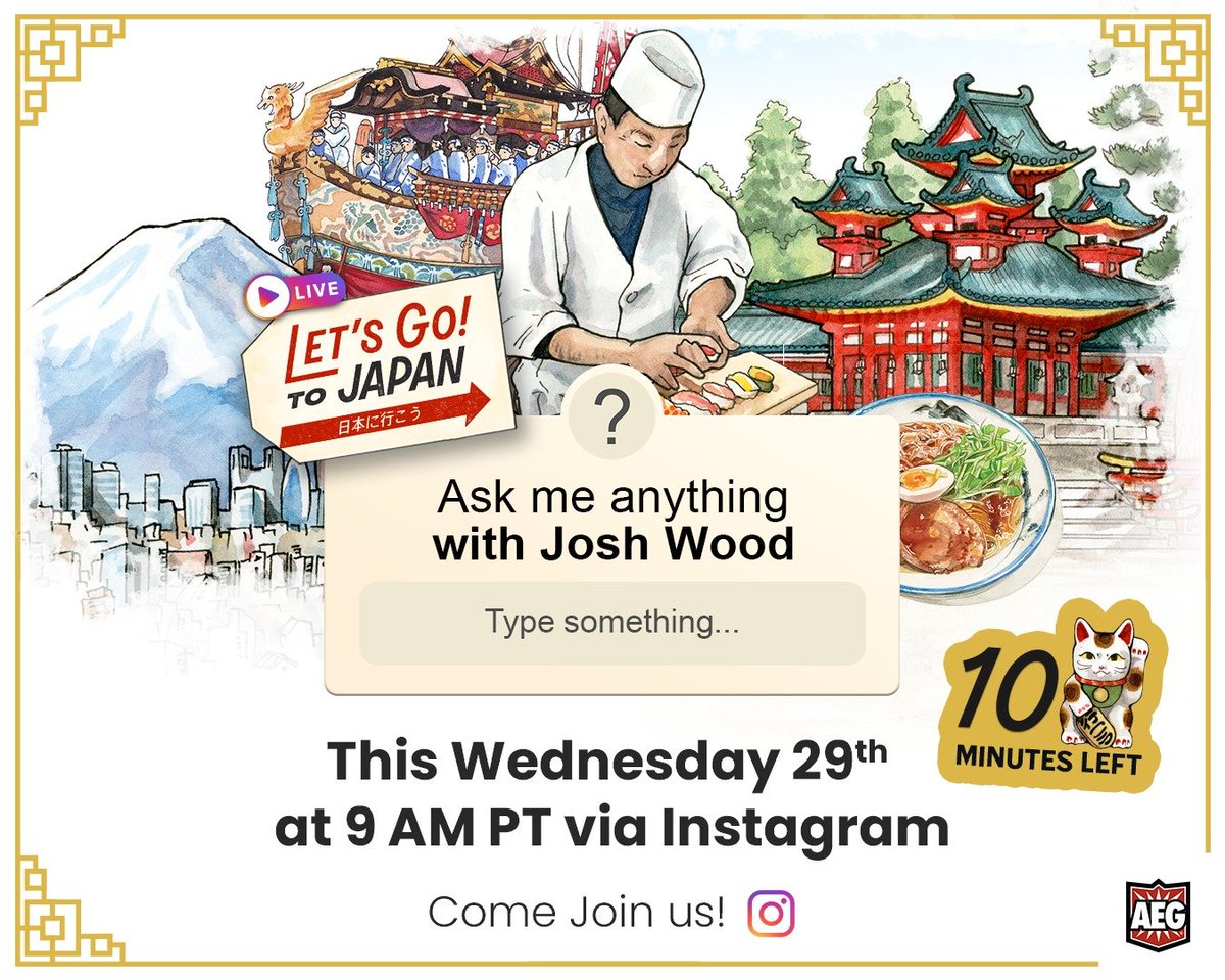 SeniorWatashi's tweet image. Hey everyone! Join @sirjoshwood  on Instagram Live today at 9 AM PT for an AMA on Let&apos;s Go! To Japan. Bring your questions and let&apos;s chat! 
#tabletopgames #boardgames #wemakefun #LetsGoToJapan