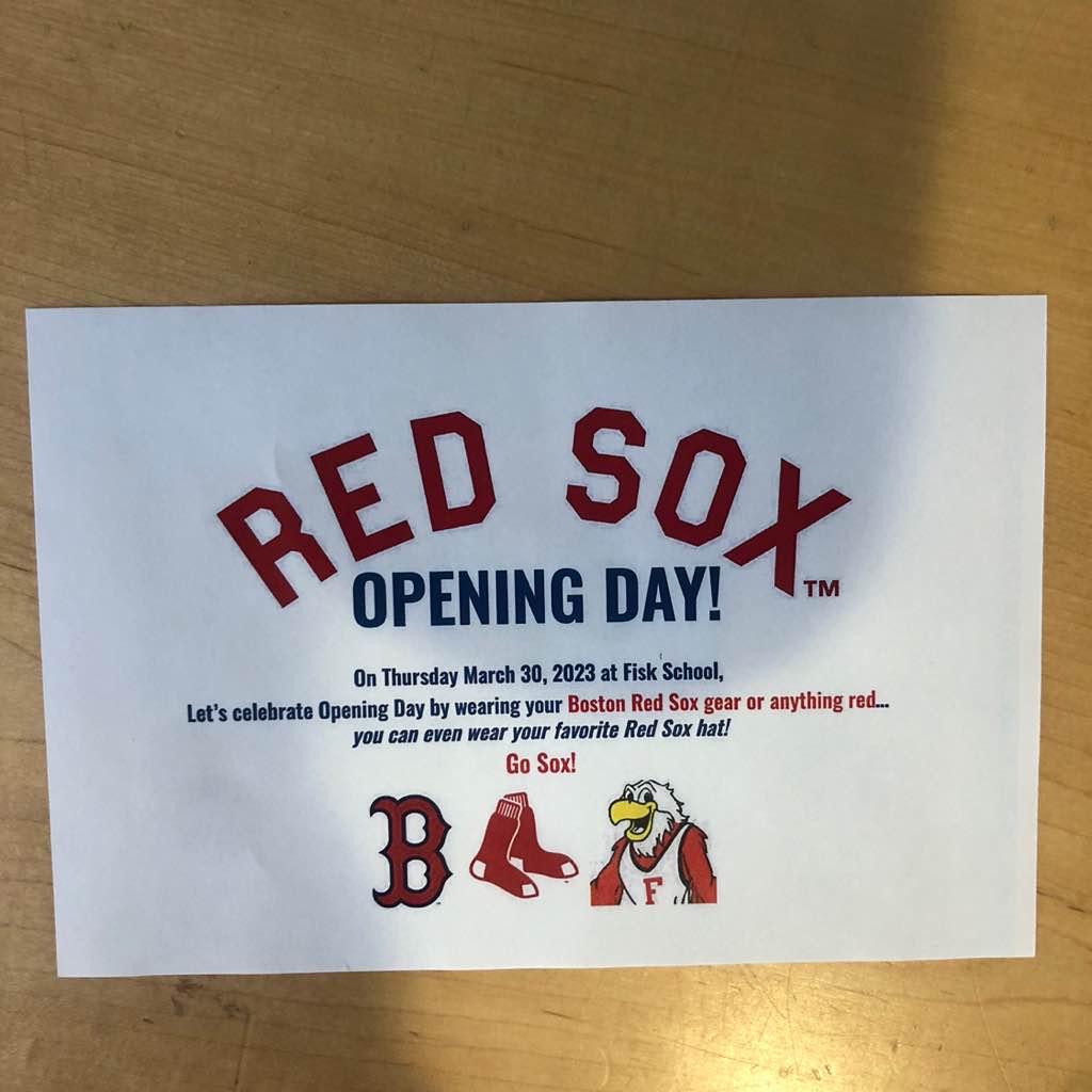FiskSchool's tweet photo. Opening Day for our Red Sox is tomorrow!  Wear your Red Sox gear! https://t.co/GStyc62gSM