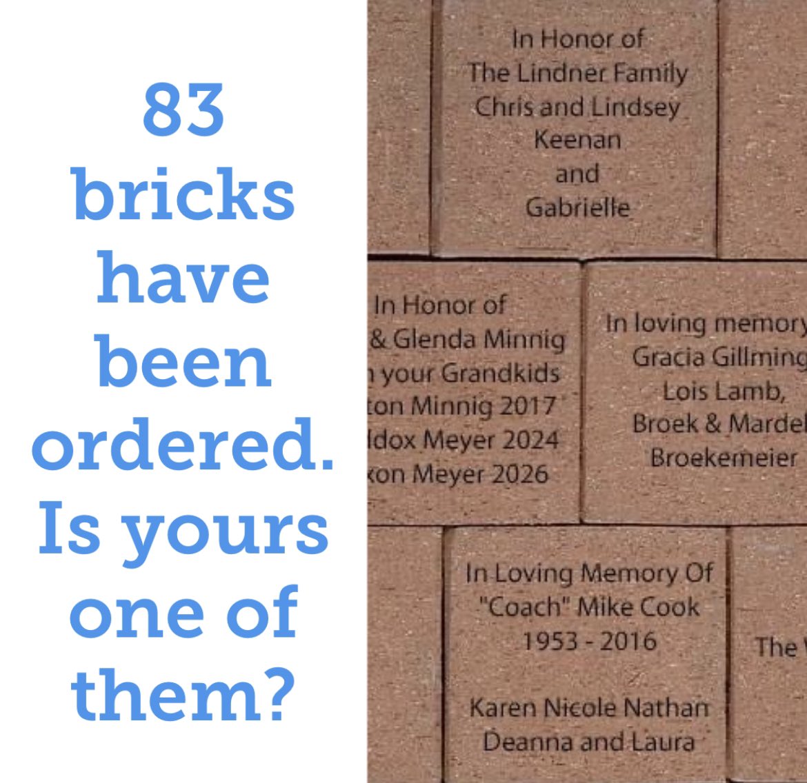 MalcolmField02's tweet photo. 83 bricks sold already. Did you get your order in? 
Last day to get a memorial brick is April 1st. Order yours today at https://t.co/9pIWAM85hi

See the list of Brick Donations at the link above. https://t.co/1aPBQOWUfy