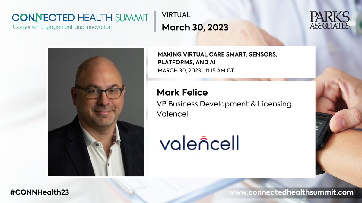 Announcing panelist <a href="/markfelice/">Mark Felice</a> of <a href="/Valencell_Inc/">Valencell</a> speaking at #CONNHealth23 on March 30 at 11:15 AM CT. Register for VIRTUAL ONLY with this 50% off promo code VIRTUAL23-DISCOUNT: bit.ly/3TwEbse  #Health #Technology #virtualcare