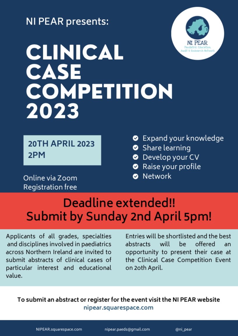 ‼️DEADLINE EXTENDED FOLLOWING DEMAND‼️Looking to boost the ol’ CV? Want the chance to present regionally? Maybe you just want to win a ££ prize? Now is you chance to submit an abstract for the inaugural NI PEAR Clinical Case Competition! Deadline extended to Sunday 2nd April 5pm!