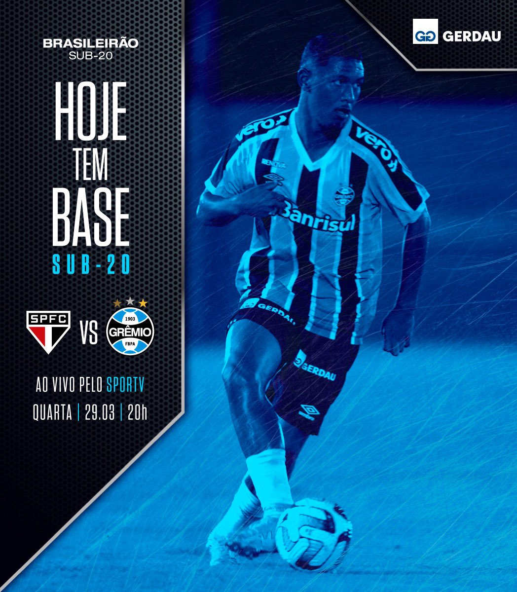 HOJE É #DiaDeBase!
Dia de ser Grêmio em campo e buscar os três pontos fora de casa, visando o topo da tabela no grupo! Dia da gurizada honrar o manto! BORA! #BaseGremista

🆚 São Paulo 
🏟 Marcelo Portugal 
⌚ 20h 
🏆 #BrasileirãoSub20 
📺 SporTV