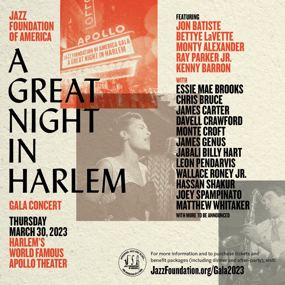 Who is excited for A Great Night in Harlem? Tomorrow, jazz's living legends take the stage in the name of raising funds for our cause.

If you can't join us tomorrow, please consider making a donation directly via our website --> jazzfoundation.org/donate/