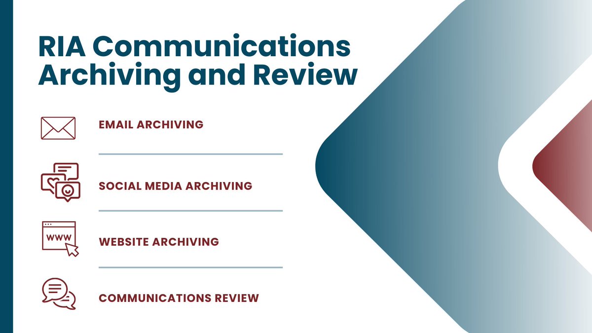 The MyRIACompliance Communications Archiving and Review solution enables RIA firms to store, retrieve and filter communications all within a single platform.

Speak to an expert today. okt.to/V5n80u

#compliancesolutions #RIAcompliance