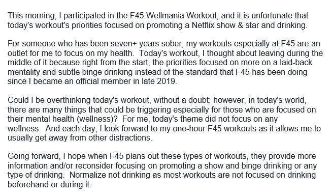 erikk292mke's tweet photo. @F45Training @celestebarber_ @NetflixANZ Here is my reflection from today's @F45Training's #Wellmania Workout where today's priorities focused on a @netflix show & star and drinking instead of an actual workout. Unfortunate to see and hear as this is not the #F45Training I'm used to. #NormalizeNotDrinking #F45 https://t.co/7gAd8mz51s