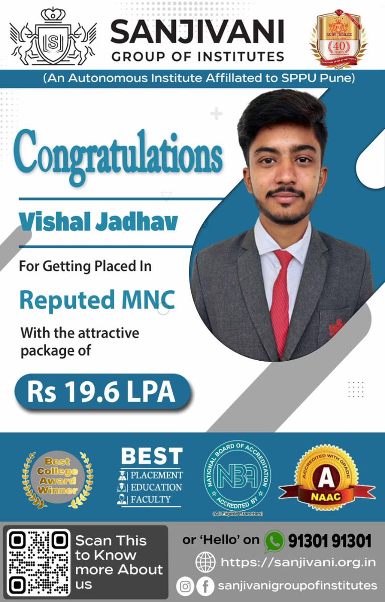 Sanjivani College of Engineering for adding another feather in a cap.         

Congratulations  Vishal Jadhav. 
Landing a job at a reputed MNC with an attractive package of 19.6LPA is truly commendable and a testament to your hard work, skills and dedication.