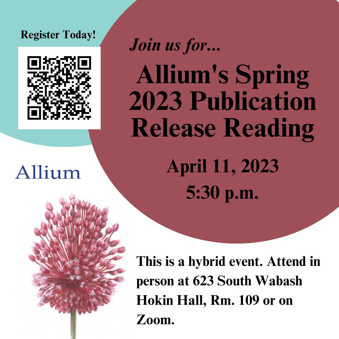 Spring into action and register for Allium's 2023 Spring Publication Release Reading: colum.zoom.us/webinar/regist… 

This hybrid event will feature poetry from Jacob Saenz & @_peachpetal, nonfiction from Bakul Banerjee & Carolina Ayala, and fiction from Greg Golley & @todeneal_!
