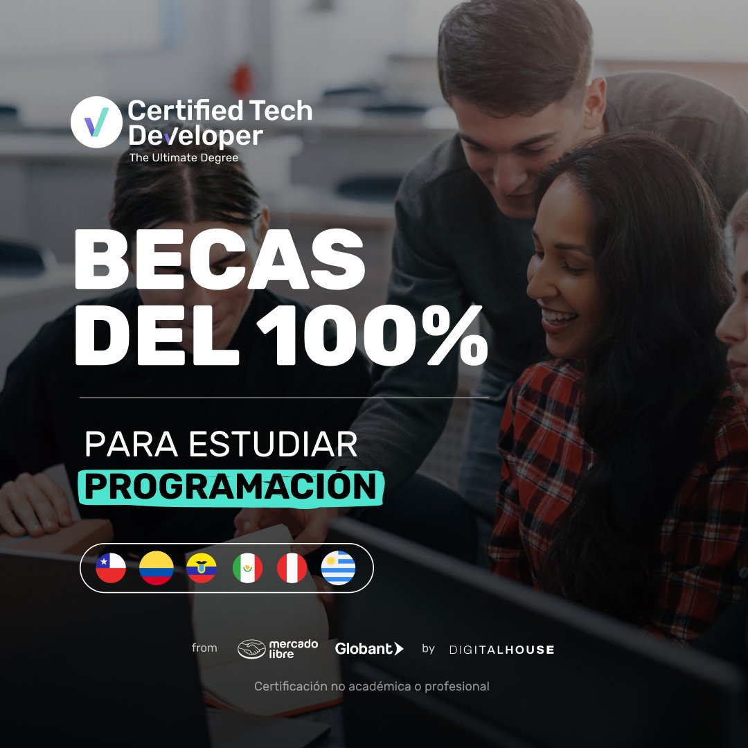 🚨Atencion #Latam 📣¡Lanzamos 1.000 becas del 100% para estudiar la carrera de programación #CertifiedTechDeveloper!🚀 Capacítate con el programa que co-creamos junto con <a href="/Mercadolibre/">Mercado Libre</a> y <a href="/Globant/">Globant</a>. 
📍Si estás en 🇨🇱, 🇨🇴, 🇪🇨, 🇲🇽, 🇵🇪 o 🇺🇾, ¡postúlate aquí!👇
digitalhouse.com/landing/1000-b…