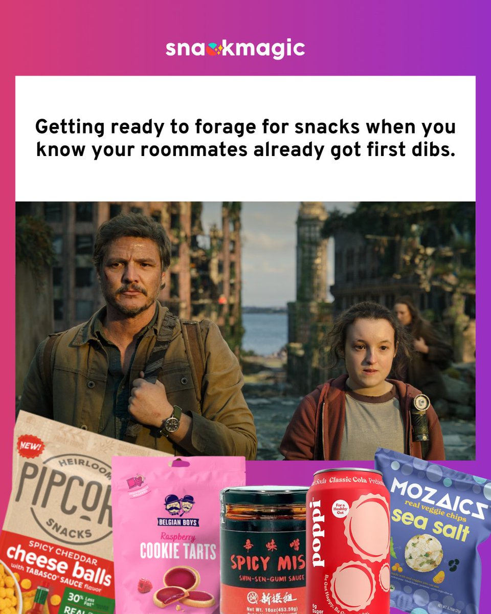 snackmagic's tweet photo. We got this, baby girl. These snacks are worth fighting some Cordyceps. 🍄 

@Pipsnacks, @ShinSenGumiUSA, @Belgianboys, @drinkpoppi

🏷️
#snackmagic #snackmemes #thelastofus https://t.co/MS0V6mQCSO