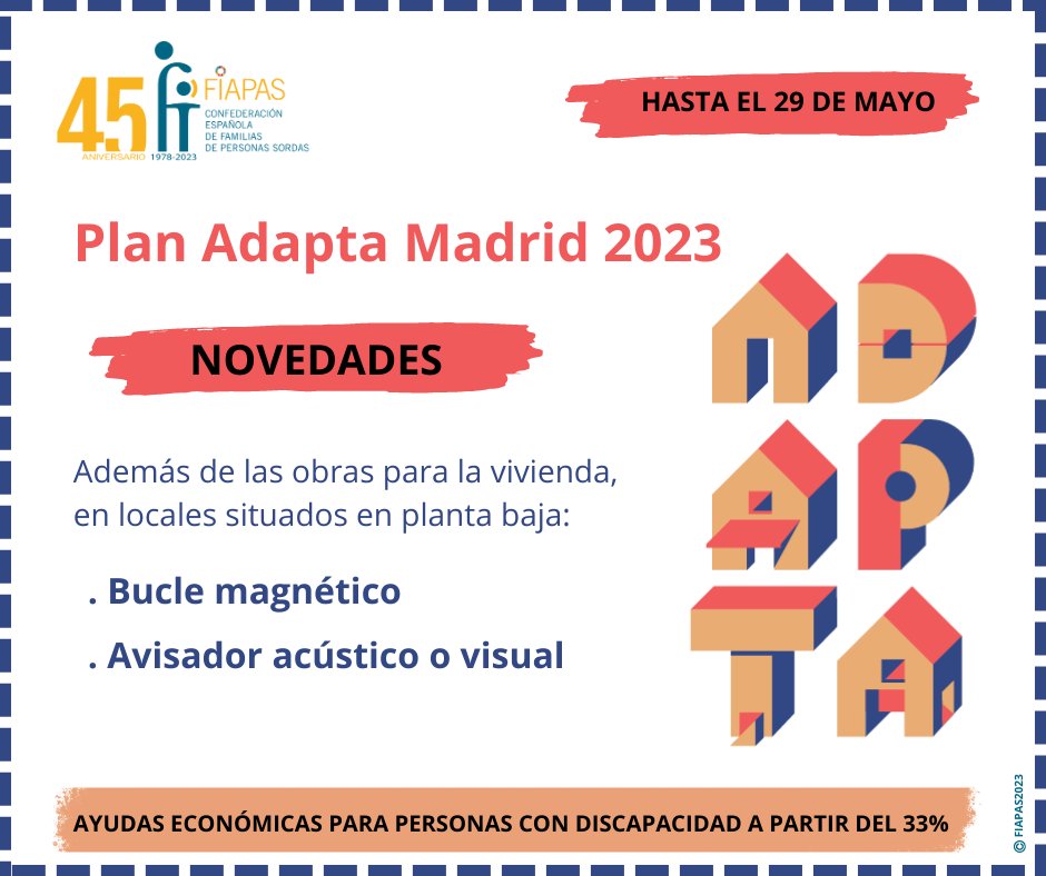 PLAN ADAPTA MADRID 2023
🏙️ 🏠 Hasta el 29 de mayo. Abierto el plazo de solicitud de subvenciones para la adaptación de viviendas y locales del Ayuntamiento de <a href="/MADRID/">Ayuntamiento Madrid</a> 
NOVEDADES 👇
fiapas.es/actualidad-y-a…
