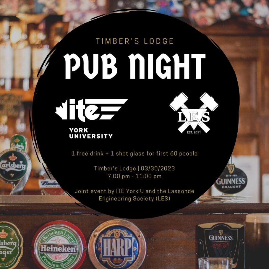 lasengsoc's tweet photo. Hey folks, this month we have partnered with ITE York University Student Chapter to host a Pub Night at Timber's Lodge TOMORROW February 30th from 7pm-11pm. 

First 60Lassonde students get ONE FREE DRINK OF CHOICE AND A FREE SHOT GLASS!

It's gonna be a blast!⁠ @ite.yorku https://t.co/8byGbAVC2I
