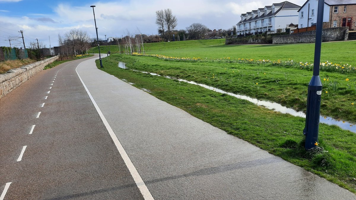 dlrcc's tweet photo. The swale in Blackrock Park which was constructed in 2021 to attenuate rainwater along the park path and coming off the Rock Road. Images taken last week show the swale working in real time capturing surface water. A simple, nature led solution. #dlrparks #suds #natureleddesign https://t.co/Avv8B6E3H0