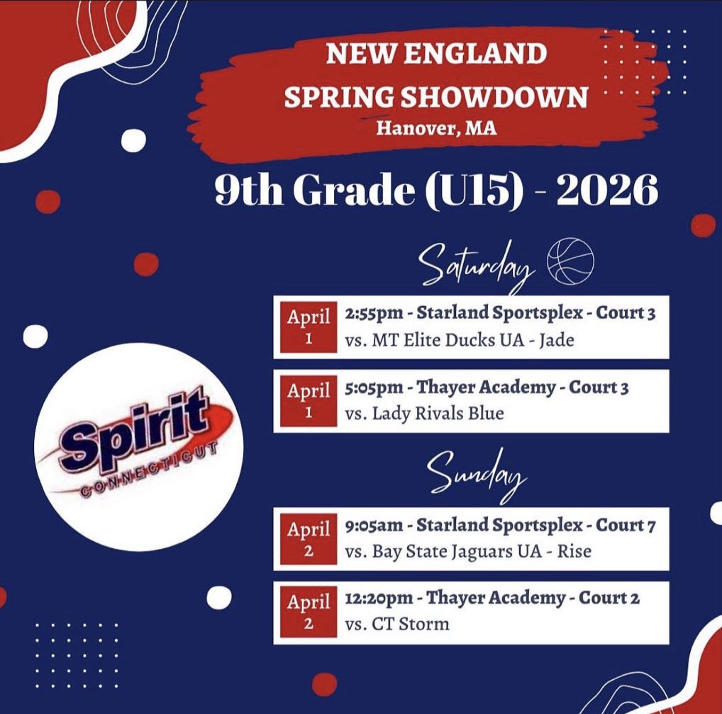 Schedule for New England Spring Showdown this weekend! <a href="/SelectEventsBB/">Select Events Basketball</a> <a href="/CT_Spirit/">CT Spirit Basketball</a>