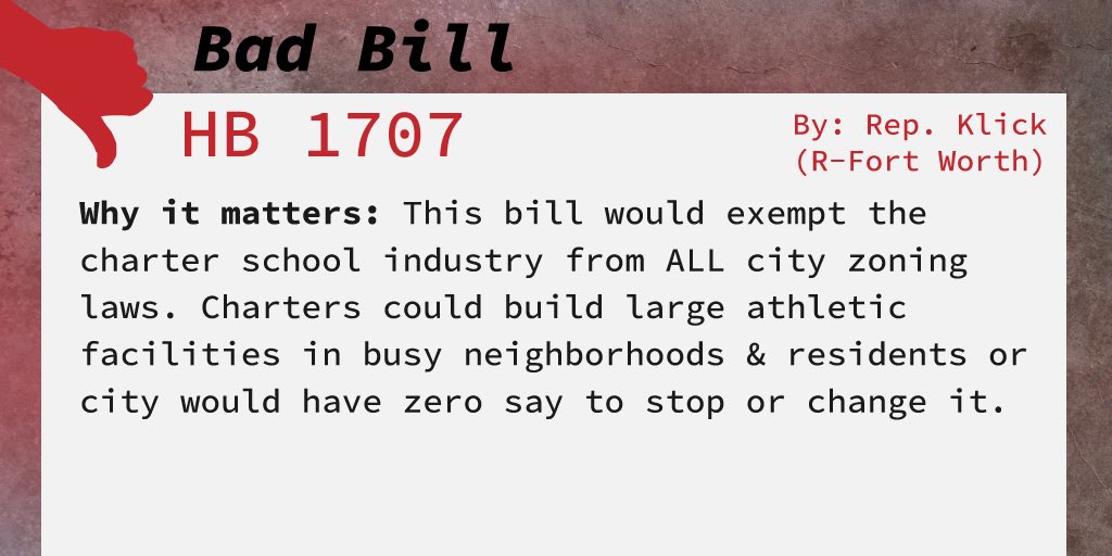 🚨BAD BILL ALERTT🚨 #HB1707 would exempt the charter school industry from ALL city zoning laws. Charters could build large athletic facilities in busy neighborhoods & residents or city would have zero say to stop or change it. #txlege #txed #txcharters