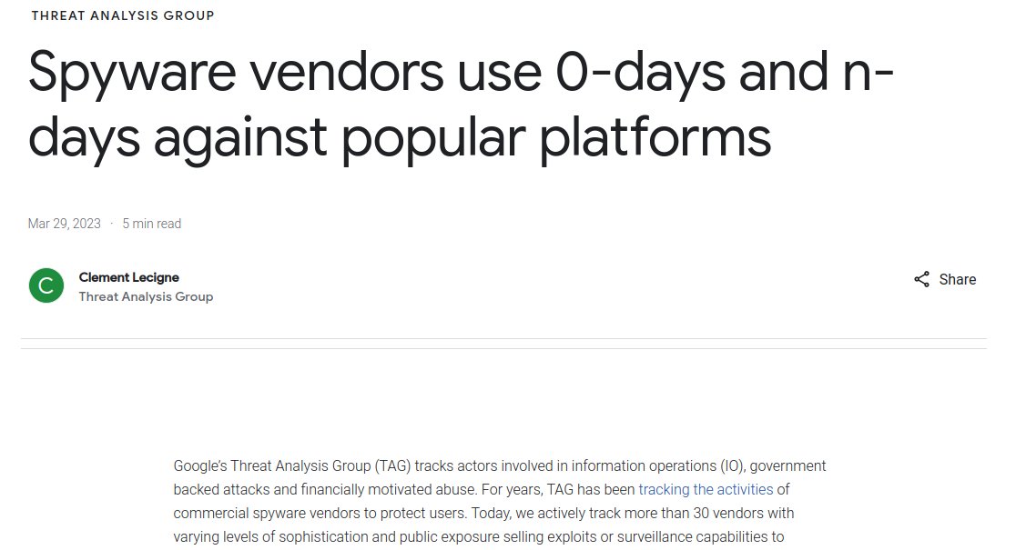 ✨Amazing detection and analysis by <a href="/_clem1/">clem1</a> and Google TAG on 2 different campaigns using 5 different 0-days and numerous n-days. Android, iOS, and Samsung devices were targeted 

blog.google/threat-analysi…