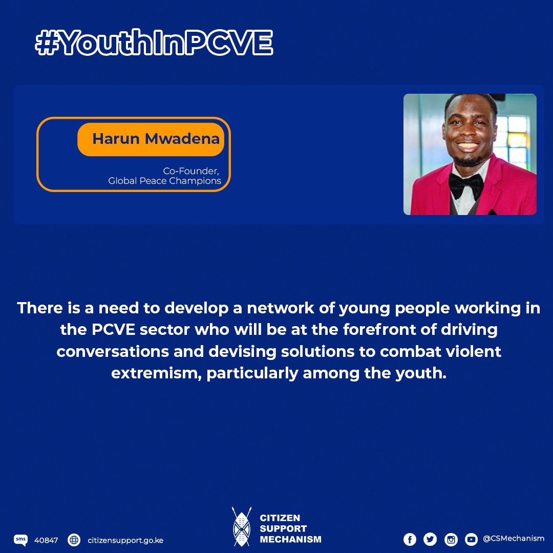 Citizen Support (@csmechanism) on Twitter photo There is a need to develop a network of young people working in the PCVE sector who will be at the forefront of driving conversations and devising solutions to combat violent extremism, particularly among the youth.
#YouthInPCVE
<a href="/Mwadena003/">#ItsMwadena</a> There is a need to develop a network of young people working in the PCVE sector who will be at the forefront of driving conversations and devising solutions to combat violent extremism, particularly among the youth.
#YouthInPCVE
<a href="/Mwadena003/">#ItsMwadena</a>