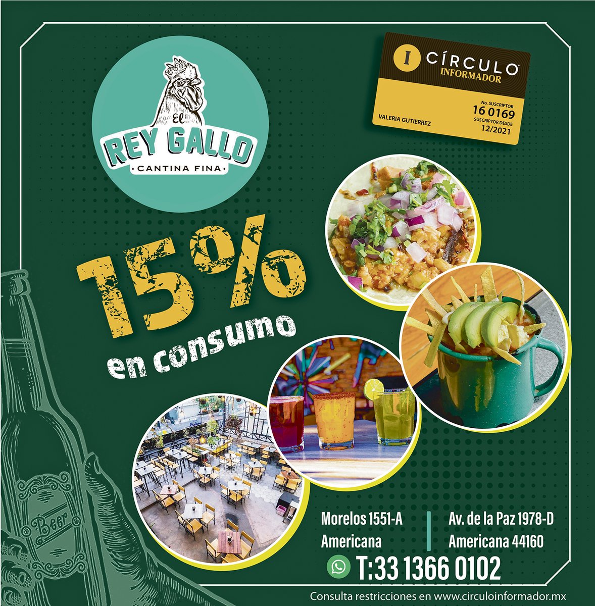 circulo_i's tweet photo. ¡Nuevo descuento!😍

Para los amantes de pasar un buen rato, llega #ElReyGallo 🐓a Círculo Informador 🤩🙌🏼
Presenta tu tarjeta Círculo Informador 💳 y recibe 15% de descuento en consumo 🍸

📍Av. La Paz 1978
📍Morelos 1551 https://t.co/cEKXE6Yh5T