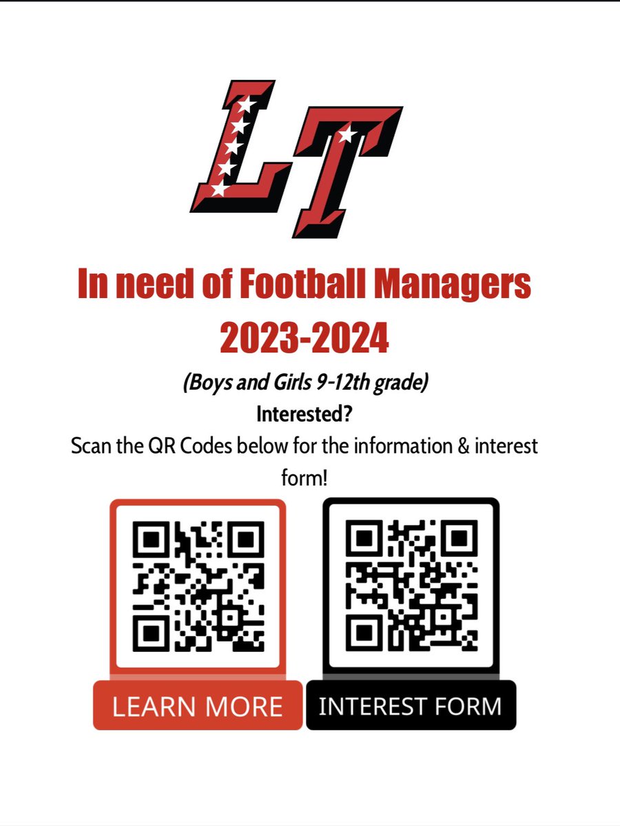 LT football program is looking to add 2-3 Football managers to help work with the 2023-2024 varsity football team. Managers will earn a varsity letter at the end of the season. If interested contact me at: gomezr@ltisdschools.org #buiLTdifferent ⚫️🔴⚔️