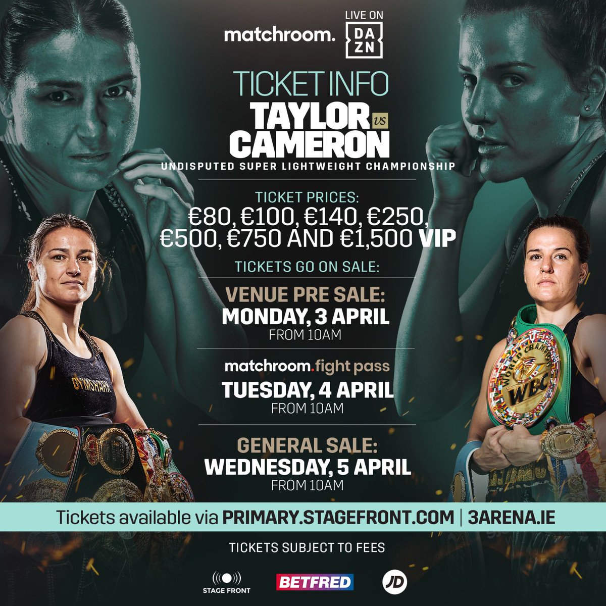 MatchroomBoxing's tweet image. 🎟️ @KatieTaylor vs @chantellecam - On sale next week! 🇮🇪

#TaylorCameron 

@3ArenaDublin | @StageFrontVIP