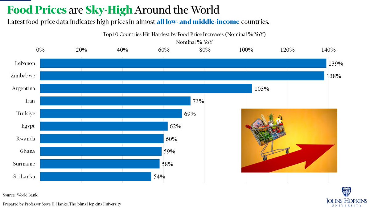 steve_hanke's tweet image. #EconWatch: Thanks to central banks and their monetary mismanagement, local currencies have collapsed, inflation is sky-high, and food prices are surging. Check out the Rogues' Gallery below.