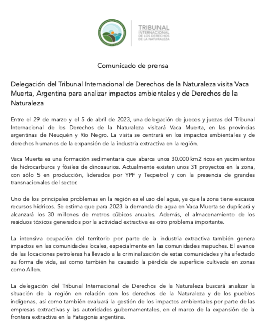rontribunal's tweet photo. 📄COMUNICADO DE PRENSA: Delegación del Tribunal Internacional de los #DerechosdelaNaturaleza visita Vaca Muerta, Argentina para analizar impactos ambientales y de Derechos de la Naturaleza de la expansión de la industria extractiva en la región

Descarga: https://t.co/GdqyLlbji8 https://t.co/7r8hdcDmmW