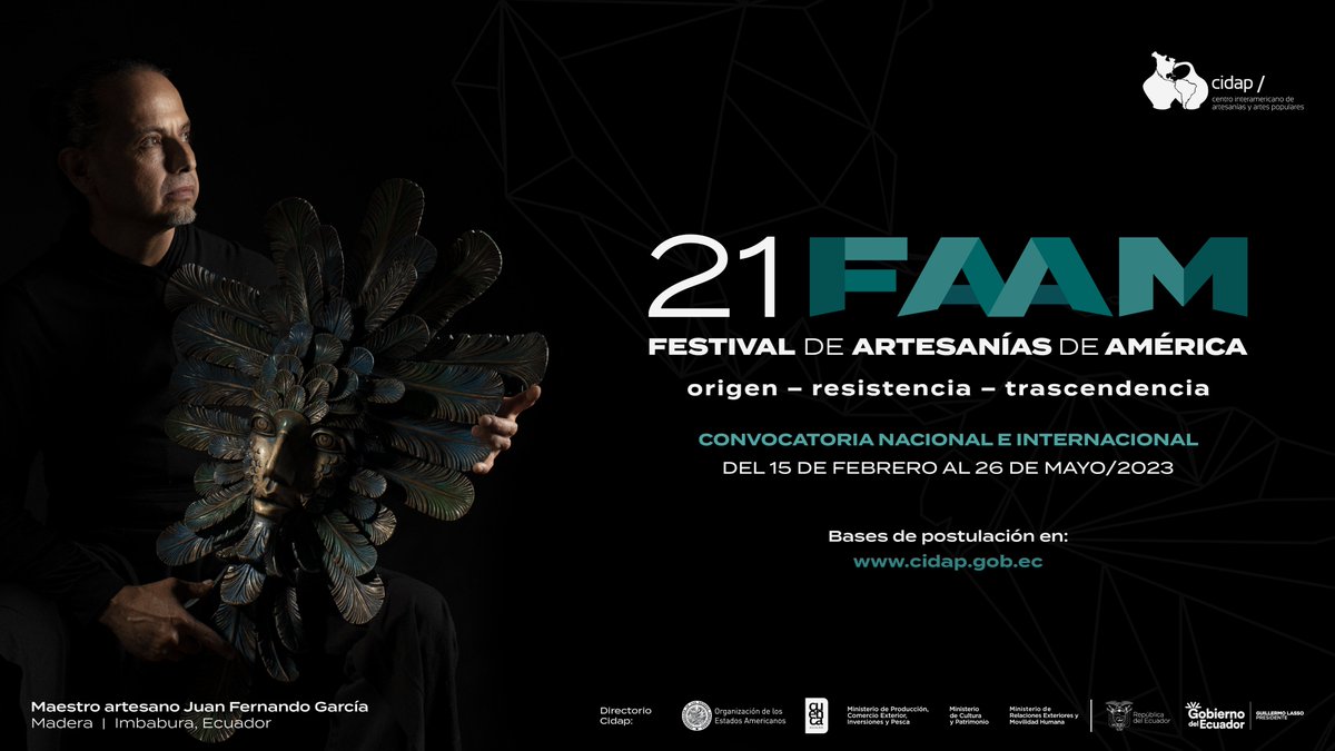 CIDAPAMERICA's tweet photo. 📢 #Convocatoria2023 l Festival Artesanías de América. Sé parte de uno de los encuentros de artesanía artífice más grandes de América 🌎.
📝𝗣𝗼𝘀𝘁𝘂𝗹𝗮 𝗵𝗮𝘀𝘁𝗮 𝗲𝗹 𝟮𝟲 𝗱𝗲 𝗺𝗮𝘆𝗼.
👉Información #FAAM2023 aquí: https://t.co/wucuOCHSE0
#Origen #Resistencia #Trascendencia https://t.co/5hQWYsQmfB