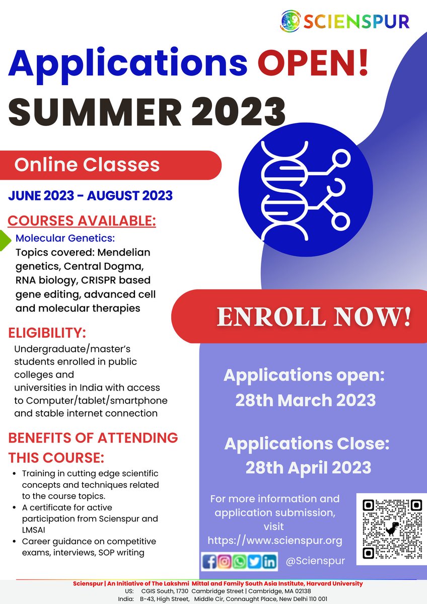 We are glad to announce Scienspur #Summer2023 #freecourses on #MolecularGenetics taught by researchers #online from leading universities across the globe & the biotech industry professionals to #undergrad #masters #lifescience students from public colleges in India open now.