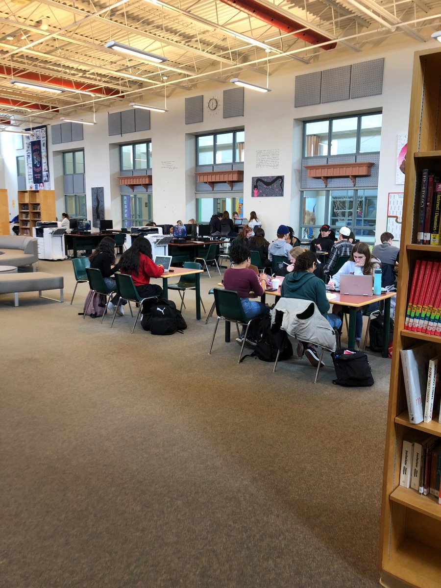 OSSLT prep, certamen prep, first aid training, MLL, students on study period, students chilling in comfy chairs…the libs is hoppin’!