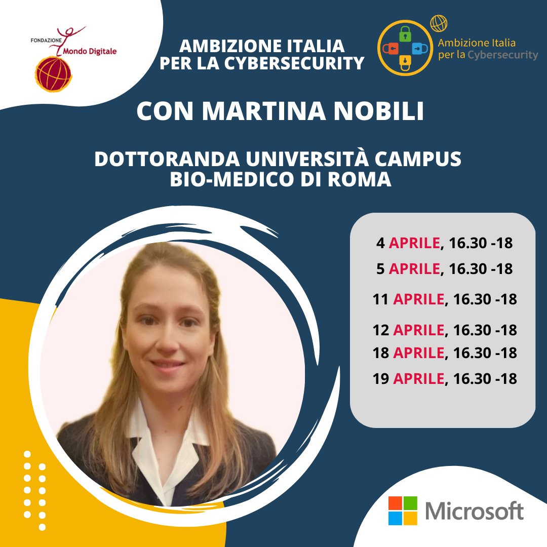Ecco le date dei nuovi webinar di Ambizione Italia per la cybersecurity
iscriviti su: formazione.mondodigitale.org/enrol/index.ph…

#AmbizioneItaliaCybersecurity <a href="/microsoftitalia/">Microsoft Italia</a> 
#cybersecurity <a href="/ClaudiaB_FMD/">Claudia_FMD</a> @francesca_fmd
