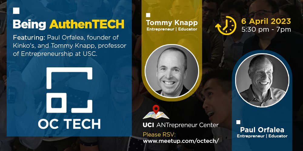 ryanfoland's tweet image. After a successful #IrvineTechWeek, let&apos;s keep the momentum going!  Featuring two awesome speakers: 

Paul Orfalea, founder of Kinkos

Tommy Knapp, a renowned professor of Entrepreneurship 

RSVP now at meetup.com/octech/events/… 

#AuthenTECH #Entrepreneurship #Networking