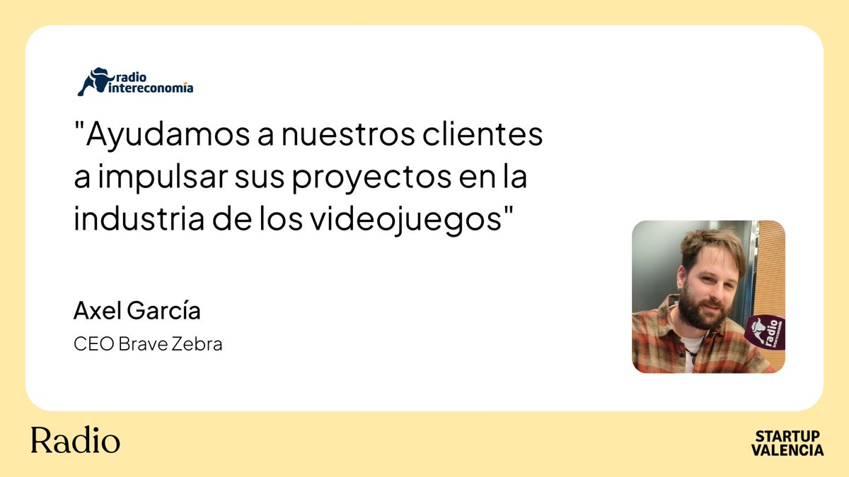 Startup_VLC's tweet photo. 🔛 Nuestro socio Axel García, CEO en @BraveZebraGames, nos cuenta en @IntercafeRadio cómo ayudan a empresas de videojuegos a impulsar sus proyectos

Una entrevista para el espacio de Startup Valencia en @intereconomiarv 📻

Escúchala aquí ➡ https://t.co/dETbT3ew3h https://t.co/cGrqoAIybt