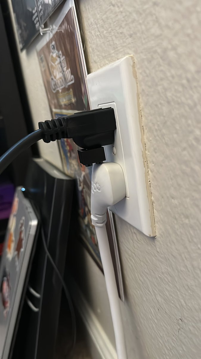 steamoto's tweet photo. You know it’s the landlord special when every grounded outlet is loose so to keep your treadmill and computer power strip plugged in, you shove a lego block between them to keep it all stable. Probably not safe, but idk how to fix it 🤷‍♀️ https://t.co/pTOIXpF9j5