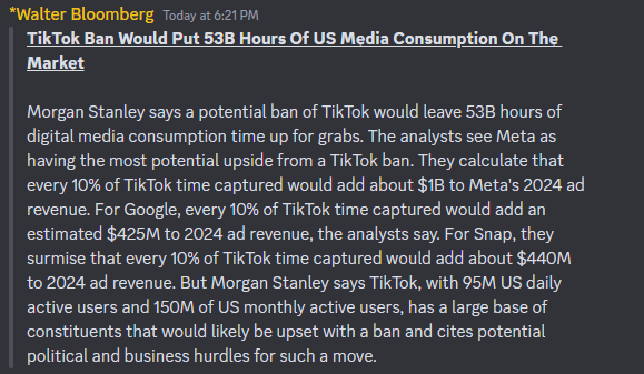 DeItaone's tweet photo. TikTok Ban Would Put 53B Hours Of US Media Consumption On The Market https://t.co/0y20oBk6E9