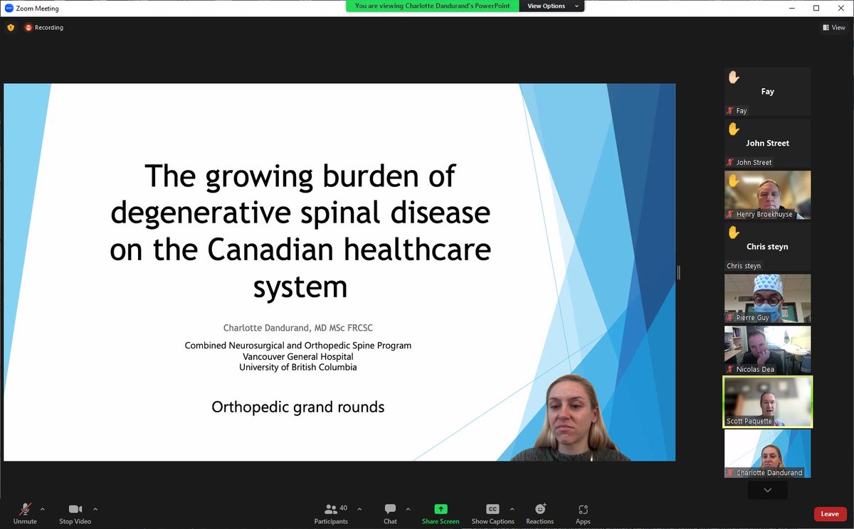 #UBCOrtho Grand Rounds by Dr Charlotte Dandurand 
Best topic for #CdnOrthoDay: impact of delaying spine surgery. ~50% of ortho pts wait for TKA/THA…THE OTHER 1/2 wait for Spine, Shoulder, Foot/Ankle pain relieving surgical care to #LiveLifePainFree, work, pay bills, stop limping