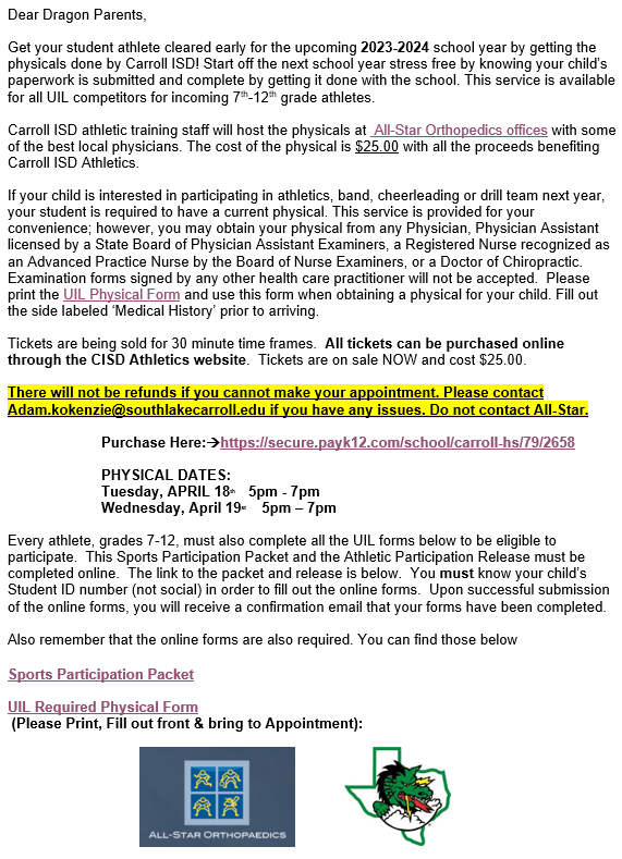 DragonSportsMed's tweet photo. Carroll ISD Physicals will be held on April 18th and 19th for incoming 7th-12th graders for all UIL events! Sign up early to get priority times. Each child will need a separate ticket. More info is in the image below and on the athletics website.

https://t.co/QwdPc8RWcO https://t.co/iyJJJmcX5B