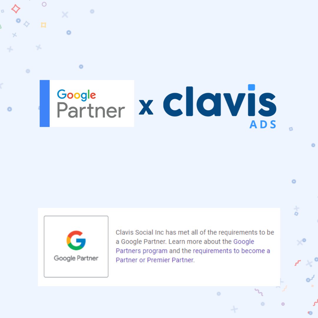 We're verified as a Google partner!

What is the google partner program?

Partners are required to meet guidelines and certifications in 3 categories:
🚀Performance
💵 Budget
🏆Certification

All of this shows a commitment to our clients and another step in the Clavis journey.