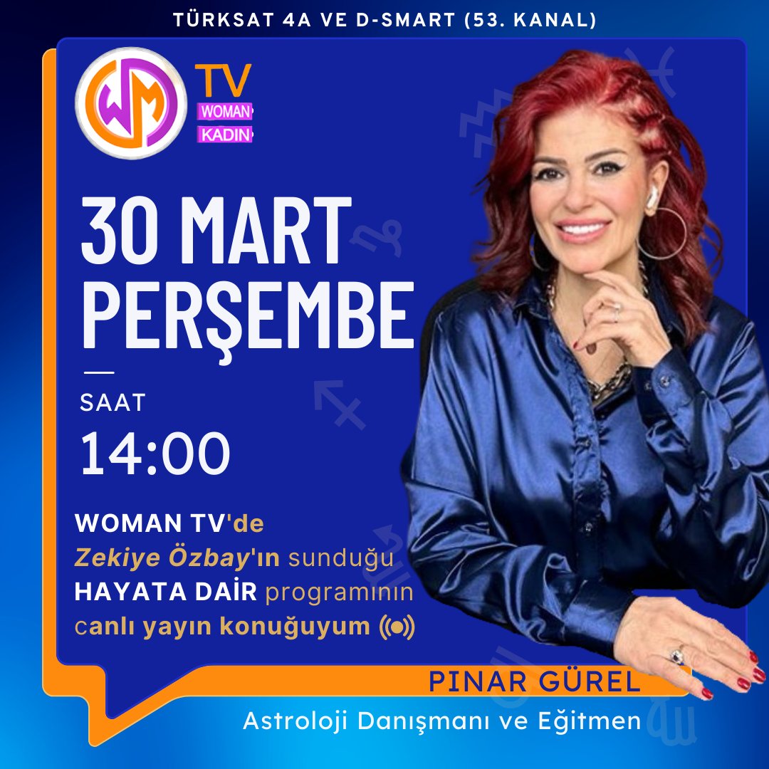pinargurel_'s tweet photo. 30 Mart Perşembe günü saat 14:00'te, Woman Tv'de Zekiye Özbay'ın sunduğu HAYATA DAİR programının canlı yayın konuğuyum. Türksat 4A ve D-Smart 53. Kanal'dan izleyebilirsiniz. Keyifli seyirler. #womantv #canlıyayın #tvprogram #hayatadair #astroloji #pınargurel https://t.co/5VvCTGEUWp