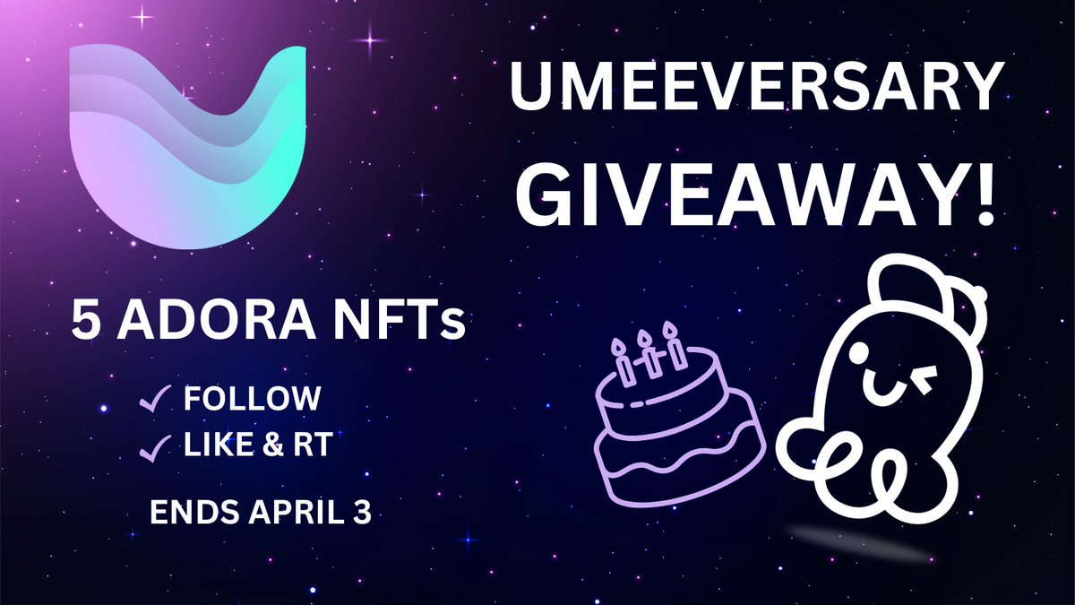 🎁 5x Adora #Giveaway to celebrate our second #Umeeversary!

To enter:
✔️ Follow @Umee_CrossChain
✔️ Like and Retweet this post
📅 5 winners selected by April 3, 18:00 UTC