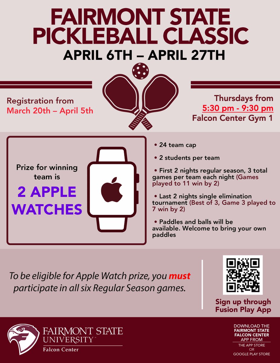 Fmtstateint's tweet photo. ๐จ1 Week of registration left!!๐จ
Do you or our partner have a class conflict? No worries email or stop by my office and I will schedule your games around your class conflict!
#FalconFun #FalconIntramurals #FalconCenter https://t.co/oW2iTx8AiR